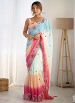 Georgette Sky Blue Party Wear Embroidery Work Saree